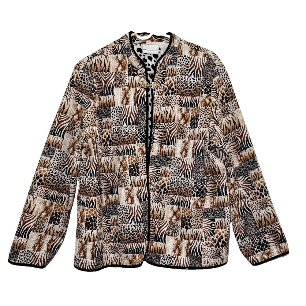 Alfred Dunner Quilted Jacket Womens 18 Animal Print Patchwork Cotton Open Front